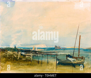 JMW Turner, Küste Szene mit Weißen Klippen und Boote am Ufer, Aquarell Malerei Stockfoto