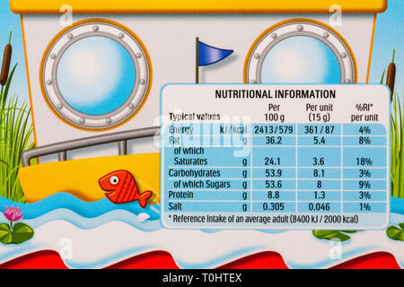 Nutritional information on pack of Kinder friends on a boat trip chocolates - fine milk chocolate shell with milky white lining - Kinder chocolate Stockfoto