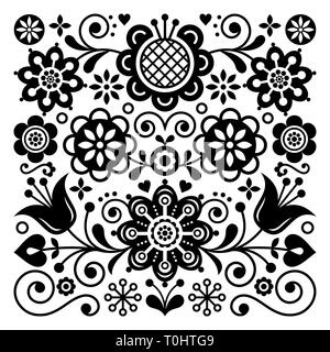 Volkskunst retro Vektor Muster, Skandinavischen floralen ornament Design, nordischen Stil ethnische Dekoration in den Farben Schwarz und Weiß. Traditionelle Schwarzweiß-Design Stock Vektor