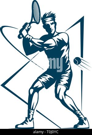 Tennis Player, stilisierten Schwarzweiß-Symbol, Vector Illustration Stock Vektor