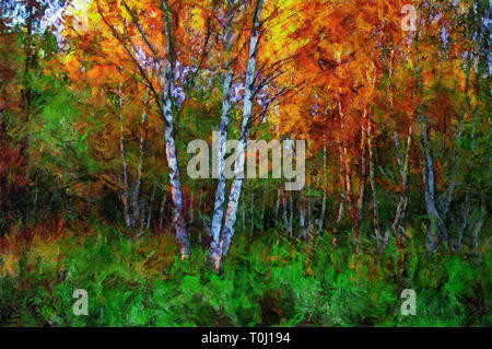 Öl malerei Birken in der Mitte des grünen Grases im Herbst Stockfoto