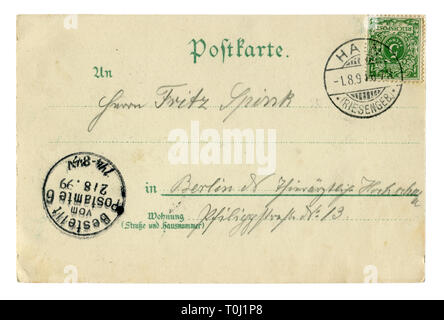Zurück der Historischen Deutschen Postkarte: ein Brief mit einem grünen Briefmarke und Hain riesengebirge Poststempel Stornierung, 1.8.1899, Reich post, Deutschland, Stockfoto