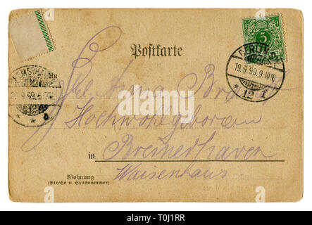 Zurück der Historischen Deutschen Postkarte: ein Brief mit einem grünen Briefmarke und einem Berliner Poststempel Stornierung, 19.9.1899, Reich, Deutschland, Empire Stockfoto