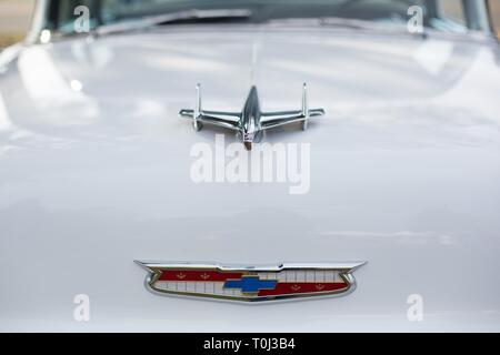 Nahaufnahme von einem weißen Vintage Chevrolet an das Narzissenfest in Junction City, Oregon, USA. Stockfoto