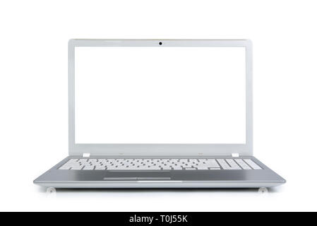 Isoliert Laptop mit leeren Raum auf weißem Hintergrund. Stockfoto