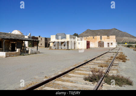 Die Eisenbahn am Fort Bravo western Theme Park in Tabernas, Almeria, Spanien früher ein Film für Hollywood Filme eingestellt. Stockfoto