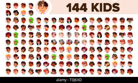 Kinder Avatar Set Vektor. Multi Rasse. Gesicht Emotionen. Multinationale Benutzer Menschen Porträt. Männlich, Weiblich. Ethnische. Symbol. Asiatischen, afrikanischen, europäischen, arabischen Stock Vektor