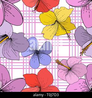 Vektor Hibiskus Blumen tropische Blumen. Graviert Tinte Kunst auf weißem Hintergrund. Nahtlose Muster. Stock Vektor