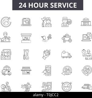 24-Stunden services Zeile für Symbole. Editierbare Schlaganfall Anzeichen. Konzept Symbole: Unterstützung, Hilfe, Uhr, öffnen, Business, Lieferung, Kunden dabei zu helfen, etc. 24 Stunden Stock Vektor
