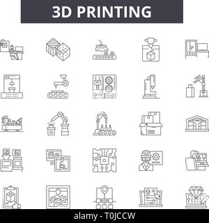 3D-Druck Zeile für Symbole. Editierbare Schlaganfall Anzeichen. Konzept Symbole: Fertigung, Technologie, 3d, Kunststoff, Druck, Design, Material, etc. 3D-Druck Übersicht Stock Vektor