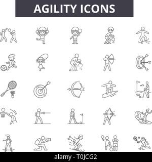 Agility Zeile für Symbole. Editierbare Schlaganfall Anzeichen. Konzept Symbole: Agile, Entwicklung, Scrum, Strategie, Methoden, Software, etc. Flexibilität Umrisse Stock Vektor