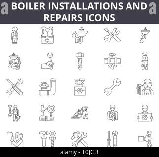 Kessel Installationen und Reparaturen Zeile für Symbole für Web und mobile Design. Editierbare Schlaganfall Anzeichen. Kessel Installationen und Reparaturen Entwurfskonzept Stock Vektor