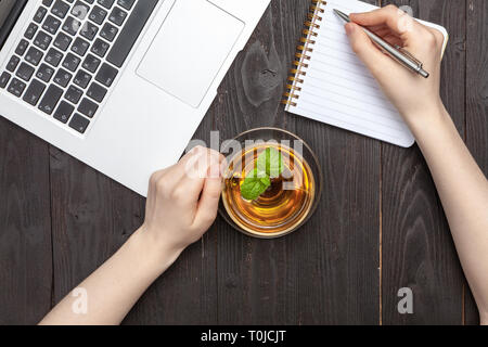 Frau Hände zeichnen oder schreiben mit Kugelschreiber in offenen Notebook Stockfoto