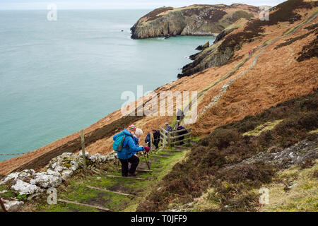 Wanderer wandern Sie Schritte auf Wales Coast Path Küstenweg Richtung Porth Llanlleiana von Cemaes, Isle of Anglesey, Wales, Großbritannien, Großbritannien Stockfoto