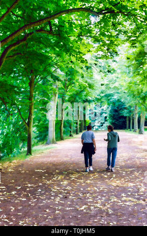 Digitale Abbildung von zwei Frauen gehen und Chatten in einem Waldgebiet Pfad in einer Allee von grünen Bäumen, Stockfoto