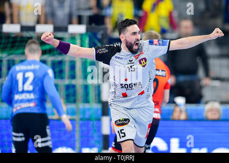 Mannheim, Deutschland. 20 Mär, 2019. Handball: Champions League, Rhein-Neckar-Löwen-HBC Nantes, abschließenden Umlauf, K.o.-Runde Viertelfinale Qualifikation, erste Etappe, in der SAP-Arena. Valero Rivera Folch von Nantes jubelt über ein Tor. Foto: Uwe Anspach/dpa/Alamy leben Nachrichten Stockfoto