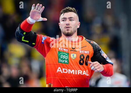 Mannheim, Deutschland. 20 Mär, 2019. Handball: Champions League, Rhein-Neckar-Löwen-HBC Nantes, abschließenden Umlauf, K.o.-Runde Viertelfinale Qualifikation, erste Etappe, in der SAP-Arena. Jannik Kohlbacher der Rhein-Neckar-Löwen jubelt über ein Tor. Foto: Uwe Anspach/dpa/Alamy leben Nachrichten Stockfoto