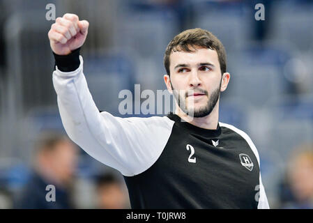 Mannheim, Deutschland. 20 Mär, 2019. Handball: Champions League, Rhein-Neckar-Löwen-HBC Nantes, abschließenden Umlauf, K.o.-Runde Viertelfinale Qualifikation, erste Etappe, in der SAP-Arena. Romain Lagarde von Nantes Gesten, bevor das Spiel beginnt. Foto: Uwe Anspach/dpa/Alamy leben Nachrichten Stockfoto