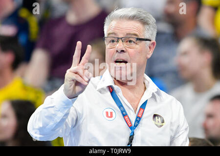 Mannheim, Deutschland. 20 Mär, 2019. Handball: Champions League, Rhein-Neckar-Löwen-HBC Nantes, abschließenden Umlauf, K.o.-Runde Viertelfinale Qualifikation, erste Etappe, in der SAP-Arena. Thierry Anti, Trainer der HBC Nantes, gestikulierte. Foto: Uwe Anspach/dpa/Alamy leben Nachrichten Stockfoto