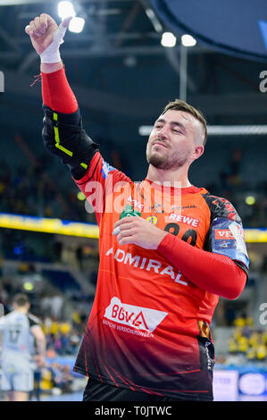 Mannheim, Deutschland. 20 Mär, 2019. Handball: Champions League, Rhein-Neckar-Löwen-HBC Nantes, abschließenden Umlauf, K.o.-Runde Viertelfinale Qualifikation, erste Etappe, in der SAP-Arena. Jannik Kohlbacher der Rhein-Neckar-Region, Löwen, freut sich am Ende des Spiels. Foto: Uwe Anspach/dpa/Alamy leben Nachrichten Stockfoto