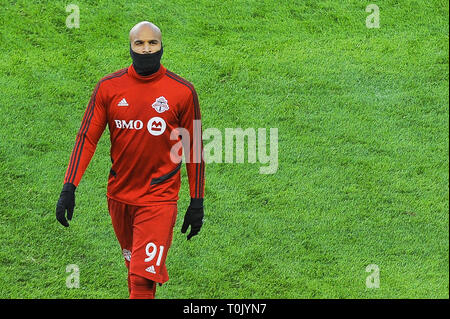 Terrence Boyd (Nr. 91) sieht auf der Bühne vor 2019 MLS Regular Season Match zwischen Toronto FC (Kanada) und New England Revolution (USA) am BMO Feld in Toronto. (Final Score: Toronto FC 3 - 2 New England Revolution) Stockfoto