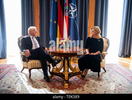 Zagreb, Kroatien. 21 Mär, 2019. Bundespräsident Dr. Frank-Walter Steinmeier und Kolinda Grabar-Kitarovic, Präsident der Republik Kroatien, treffen sich zu Gesprächen im Büro des Präsidenten. Präsident Steinmeier und seine Frau sind auf einem zweitägigen Besuch in Kroatien. Quelle: Bernd von Jutrczenka/dpa/Alamy leben Nachrichten Stockfoto