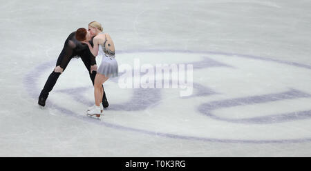 Saitama, Japan. 21 Mär, 2019. Evgenia Tarasova (R)/Wladimir Morosow Russland feiern, nachdem sich die Paare "skating Wettbewerb 2019 ISU World Eiskunstlauf-WM an der Saitama Super Arena in Saitama, Japan, am 21. März 2019. Evgenia Tarasova / Wladimir Morosow Rang 2 mit 228.47. Credit: Du Xiaoyi/Xinhua/Alamy leben Nachrichten Stockfoto