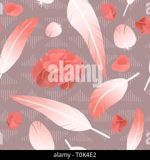 Rosa Rose Federn nahtlose Muster flauschige twirled beschmutzt, Federn und Hortensienblüten, Stock Vektor