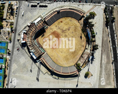 Vista aérea de las gradas, blicher, estacionamiento y Terreno de San Blas o Campo del viejo Estadio de beisbol Hector Espino, Antigua Casa de El equipo de Los Naranjeros de Hermosillo, que en el Beisbol juegan invernal de la la Liga Mexicana del Pacifico, LMP Hermosillo Sonora 16 Mayo 2018. (Foto: NortePhoto/Luis Gutierrez). . . Pclades: Diamante, Pasto, pasto Seco, seco, desértico, Aeroplano, viejo, alt, Césped, Amarillo, cenital, Plano de Picada, Baseball, Baseball finden, Stadion, Estadio de Beisbol, Sport, Deporte, sport Komplex, Stockfoto