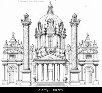 Geographie/Reisen, Österreich, Wien, Kirchen, St. Charles's Church (Karlskirche), Baujahr: 1716 - 1737, Architekt: Johann Bernhard Fischer von Erlach, Illustration aus "enkmaeler der Kunst' (Denkmäler der Kunst), von Wilhelm Luebke und Carl-von Luetzow, 3. Auflage, Stuttgart 1879, Band 2, Stahlstich von H. Gugeler, nach Zeichnung von Wilhelm Riefstahl, Kapitel über Architektur, Platte XLIX, Mitteleuropa, Kirchen, Architektur, 17. Jahrhundert, Kirche, Barock, heilige, religiöse, Gebäude, Gebäude, historische, historischen Denkmaler, Denkmäler, Lüb, Additional-Rights - Clearance-Info - Not-Available Stockfoto