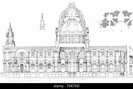 Geographie/Reisen, Großbritannien, London, Kirchen, St. Paul's Cathedral, Baujahr: 1675 - 1708, Architekt: Christopher Wren, Querschnitt, Illustration aus "enkmaeler der Kunst' (Denkmäler der Kunst), von Wilhelm Luebke und Carl-von Luetzow, 3. Auflage, Stuttgart 1879, Band 2, Stahlstich von H. Gugeler, nach Zeichnung von Wilhelm Riefstahl, Kapitel über Architektur, Platte L, England, Kirchen, Architektur, 17. Jahrhundert, Kirche, Barock, heilige, religiöse, Gebäude, Gebäude, historische, historischen Denkmaler, Denkmäler, Lübke, Lubke, Lützow, Lut, Additional-Rights - Clearance-Info - Not-Available Stockfoto