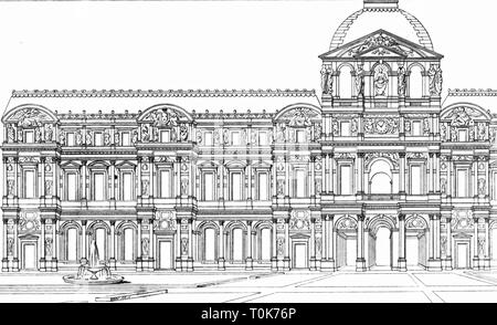 Geographie/reisen, Frankreich, Paris, Schlösser, Palais du Louvre, Außenansicht, Illustration aus "enkmaeler der Kunst' (Denkmäler der Kunst), von Wilhelm Luebke und Carl-von Luetzow, 3. Auflage, Stuttgart 1879, Band 2, Stahlstich von H. Gugeler, nach Zeichnung von Wilhelm Riefstahl, Kapitel über Architektur, Platte XLVIII, Renaissance, Westeuropa, Gebäude, Gebäude, Französisch, 16. Jahrhundert, historische, historische, Schloss, Denkmaler, Denkmäler, Lubke, Lübke, Additional-Rights - Clearance-Info - Not-Available Stockfoto