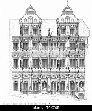 Geographie/Reisen, Deutschland, Heidelberg, Schlösser, Schloss Heidelberg, Detail, Friedrichsbau, erbaut 1601 - 1607, Außenansicht, Illustration aus "enkmaeler der Kunst' (Denkmäler der Kunst), von Wilhelm Luebke und Carl-von Luetzow, 3. Auflage, Stuttgart 1879, Band 2, Stahlstich von H. Gugeler, nach Zeichnung von Wilhelm Riefstahl, Kapitel über Architektur, Platte XLVIII, Mitteleuropa, Gebäude, Gebäude, Baden-Württemberg, Baden-Wuerttemberg, Wuerttembergischen, Baden-Württemberg, Sachsen, Württemberg, Baden, Baden-Württemberg, Württembe, Additional-Rights - Clearance-Info - Not-Available Stockfoto