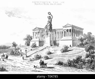 Geographie/Reisen, Deutschland, Bayern, München, Gebäude, Ruhmeshalle (Hall of Fame), erbaut 1843 - 1853, Architekt: Leo von Klenze, Außenansicht, Illustration aus "enkmaeler der Kunst' (Denkmäler der Kunst), von Wilhelm Luebke und Carl-von Luetzow, 3. Auflage, Stuttgart 1879, Band 2, Stahlstich von Riegel, Kapitel über Architektur, Platte LIV, 19. Jahrhundert, Säulenhalle, Säulenhallen, Therese's Green, dorischen, Klassik, Klassik, Klassik, historische, historischen Denkmaler, Denkmäler, Lubke, Lübke, Lützow, Lützow, Additional-Rights - Clearance-Info - Not-Available Stockfoto