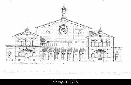 Geographie/Reisen, Deutschland, Bayern, München, Gebäude, Hauptbahnhof, Illustration aus "enkmaeler der Kunst' (Denkmäler der Kunst), von Wilhelm Luebke und Carl-von Luetzow, 3. Auflage, Stuttgart 1879, Band 2, Stahlstich von Riegel, Kapitel über Architektur, Platte LIV, historischen, historischen Denkmaler, Denkmäler, Lubke, Lübke, Lützow, Lützow, 19. Jahrhundert, Bayerische, Bahnhof, Hauptbahnhof, Hauptbahnhof, Hauptbahnhof, Main, main-Stationen, Zentralen, Additional-Rights - Clearance-Info - Not-Available Stockfoto