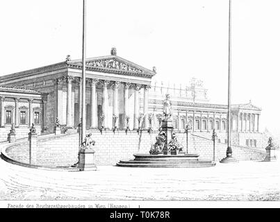 Geographie/Reisen, Österreich, Wien, Gebäude, österreichische Parlament Gebäude, gebaut 1874 - 1883, Architekt: Theophil von Hansen, Außenansicht, Illustration aus "enkmaeler der Kunst' (Denkmäler der Kunst), von Wilhelm Luebke und Carl-von Luetzow, 3. Auflage, Stuttgart 1879, Band 2, Stahlstich von L. Ritter, nach Zeichnung von F. Baldinger, Kapitel über Architektur, Platte LV A, historischen, historischen Denkmaler, Denkmäler, Lubke, Lübke, Lützow, Lützow, 19. Jahrhundert, Reichsrat Gebäude, Additional-Rights - Clearance-Info - Not-Available Stockfoto