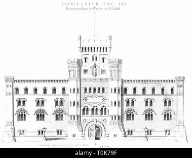 Geographie/Reisen, Österreich, Wien, Gebäude, Arsenal, erbaut 1849 - 1856, Commander's Büro Gebäude, das von August Sicard von sicardsburg und Eduard van der Nuell, Außenansicht, Illustration aus "enkmaeler der Kunst' (Denkmäler der Kunst), von Wilhelm Luebke und Carl-von Luetzow, 3. Auflage, Stuttgart 1879, Band 2, Stahlstich von S. Ritter, Kapitel über Architektur, Platte LVI, historische, historischen Denkmaler, Denkmäler, Lubke, Lübke, Lützow, Lützow, 19. Jahrhundert, Nüll, Null, Eingang, Baracke, Kasernen, Historismus, Historismus, Additional-Rights - Clearance-Info - Not-Available Stockfoto