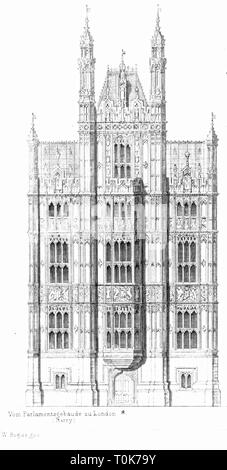 Geographie/Reisen, Großbritannien, England, London, Gebäude, Palast von Westminster, erbaut 1840 - 1852, Architekt: Charles Barry, Detail, Außenansicht, Illustration aus "enkmaeler der Kunst' (Denkmäler der Kunst), von Wilhelm Luebke und Carl-von Luetzow, 3. Auflage, Stuttgart 1879, Band 2, Stahlstich von H. Walther, nach Zeichnung von W. Bogler, Kapitel über Architektur, Platte LVII, historische, historischen Denkmaler, Denkmäler, Lubke, Lübke, Lützow, Lützow, 19. Jahrhundert, neo-gotischen Stil, Gothic Revival, gotischen Stil, Gotik, Gothic, neo, Additional-Rights - Clearance-Info - Not-Available Stockfoto