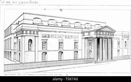 Geographie/Reisen, Großbritannien, London, Theater/Theater, das Royal Opera House (Covent Garden Theatre), erbaut 1808/1809 (durch einen Brand im Jahre 1857 zerstört), Architekt: Robert Smirke, Außenansicht, Illustration aus "enkmaeler der Kunst' (Denkmäler der Kunst), von Wilhelm Luebke und Carl-von Luetzow, 3. Auflage, Stuttgart 1879, Band 2, Stahlstich von H. Gugeler, nach Zeichnung von Wilhelm Riefstahl, Kapitel über Architektur, Platte LI, England, Architektur, Theater, Theater, 17. Jahrhundert, Gebäude, Gebäude, historische, historischen Denkmaler, Denkmäler, Additional-Rights - Clearance-Info - Not-Available Stockfoto