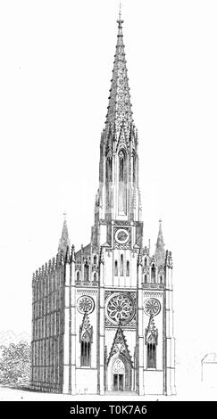 Geographie/Reisen, Deutschland, Bayern, München, Kirchen Mariahilfkirche, erbaut 1831 - 1839, Architekt: Joseph Daniel Ohlmueller, Außenansicht, Illustration aus "enkmaeler der Kunst' (Denkmäler der Kunst), von Wilhelm Luebke und Carl-von Luetzow, 3. Auflage, Stuttgart 1879, Band 2, Stahlstich von H. Gugeler, nach Zeichnung von Wilhelm Riefstahl, Kapitel über Architektur, Platte LI, 19. Jahrhundert, Kirche, Kirchen, Bayerische, gotischen Stil, Gotik, Gothic, neo-gotischen Stil, neo-gotischen, Gothic Revival, Gebäude, Gebäude, historische, historische, Additional-Rights - Clearance-Info - Not-Available Stockfoto