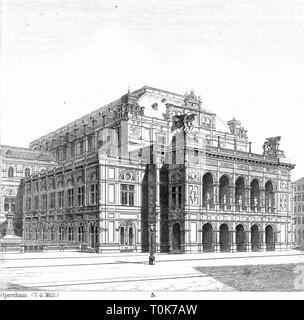 Geographie/Reisen, Österreich, Wien, Gebäude, Staatsoper, erbaut 1861-1869, Architekten: August Sicard von sicardsburg und Eduard van der Nuell, Außenansicht, Illustration aus "enkmaeler der Kunst' (Denkmäler der Kunst), von Wilhelm Luebke und Carl-von Luetzow, 3. Auflage, Stuttgart 1879, Band 2, Kapitel über Architektur, Platte LII, Stahlstich, Mitteleuropa, 19. Jahrhundert, Gebäude, historische, historischen Denkmaler, Denkmäler, Lübke, Lubke, Lützow, Lützow, Nüll, Null, Additional-Rights - Clearance-Info - Not-Available Stockfoto