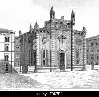 Geographie/Reisen, Österreich, Wien, Gebäude, Leopoldstaedter Tempel (Synagoge), errichtet 1854-1858 (1938 zerstört), Architekt: Ludwig Förster, Außenansicht, Illustration aus "enkmaeler der Kunst' (Denkmäler der Kunst), von Wilhelm Luebke und Carl-von Luetzow, 3. Auflage, Stuttgart 1879, Band 2, Kapitel über Architektur, Platte LII, Stahlstich, Mitteleuropa, 19. Jahrhundert, Gebäude, historische, historische, Synagoge, Synagoge, Synagogen, Synagogen, Tempel, Denkmaler, Denkmäler, Lübke, Lubke, Lützow, Lützow, Förster, Förster, Forster,, Additional-Rights - Clearance-Info - Not-Available Stockfoto