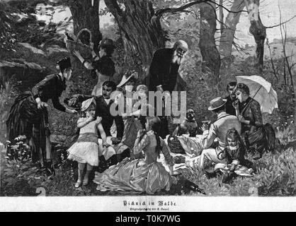 Gastronomie, Picknick, Familie mit Picknick im Wald, nach der ursprünglichen Zeichnung von E.Ravel, Holzstich, 1886, Additional-Rights - Clearance-Info - Not-Available Stockfoto