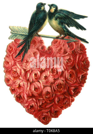 Kitsch/Souvenir, das Herz der roten Rosen, zwei Turteltauben, Lithographie, Deutschland, um 1910, Additional-Rights - Clearance-Info - Not-Available Stockfoto
