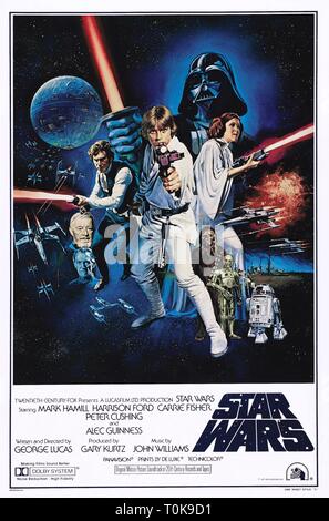 STAR WARS, Peter Cushing, Alec Guinness, Harrison Ford, Mark Hamill, David Prowse, Peter Mayhew, Anthony Daniels, Kenny Baker, Carrie Fisher POSTER Stockfoto