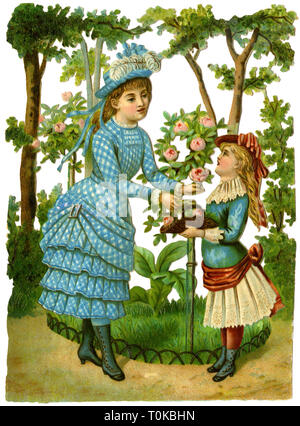 Kitsch/Souvenir, Mutter und Tochter Blumen pflücken, Schrott - Bild, chromolithograph, Deutschland, 1876, Additional-Rights - Clearance-Info - Not-Available Stockfoto