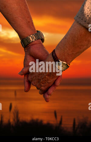 Altes Ehepaar hält Hände Stockfoto