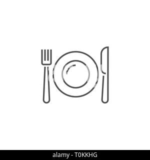 Teller, Messer und Gabel Symbol. Teller, Messer und Gabel ähnliche Vektor Symbol Leitung. Auf weissem Hintergrund. Editierbare Schlaganfall. Stock Vektor