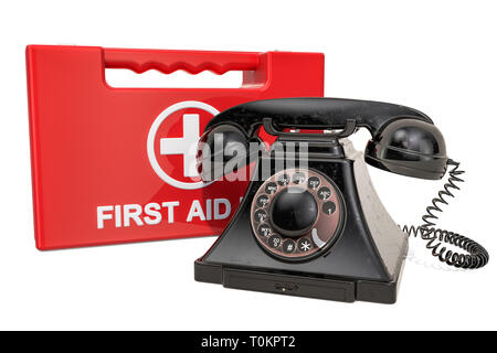 Retro Telefon und medizinische Ausrüstung. Erste-Hilfe-Konzept. 3D-Rendering auf weißem Hintergrund Stockfoto