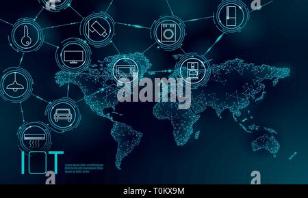 Blue Space Planet Erde Internet der Dinge Symbol innovation Technologie Konzept. Drahtlose Kommunikation Netzwerk IOT IKT. Intelligentes System Automation Stock Vektor